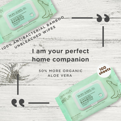 CLOVERSOFT Plant-Based Unbleached Bamboo 99.9% Antibacterial Organic Wet Wipes 100 Sheets