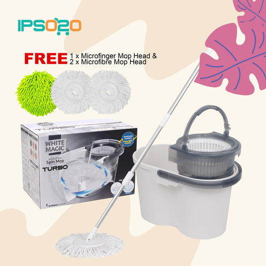 [New Model] White Magic TURBO Hand Press Spin Mop Set (with FREE 3 mop heads) / Dual Spin Model / 1 Year Bucket Warranty