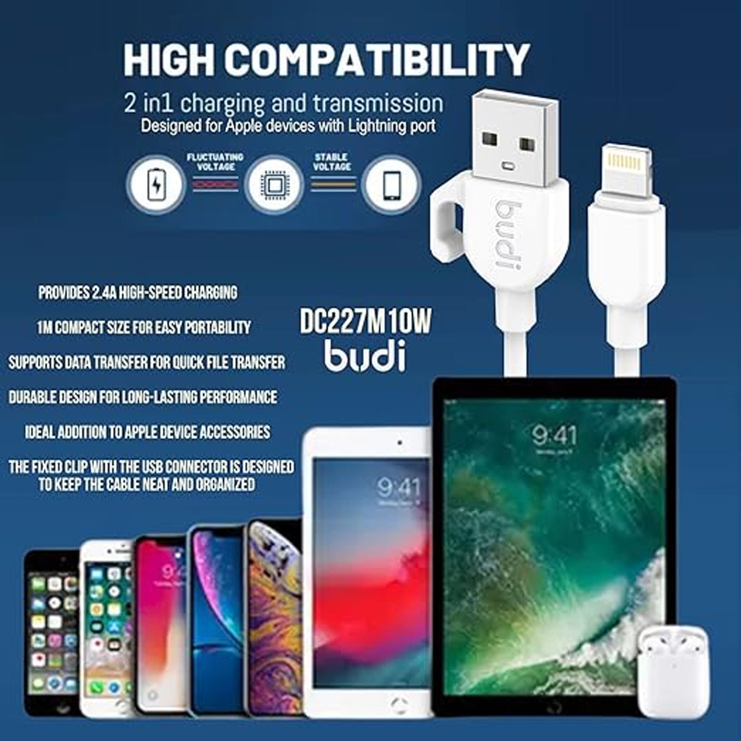 BUDI Charge/Sync Cable with Clip (1M)
