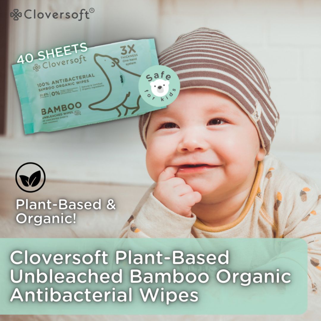 CLOVERSOFT Plant-Based Unbleached Bamboo 99.9% Antibacterial Organic Wet Wipes 40 Sheets