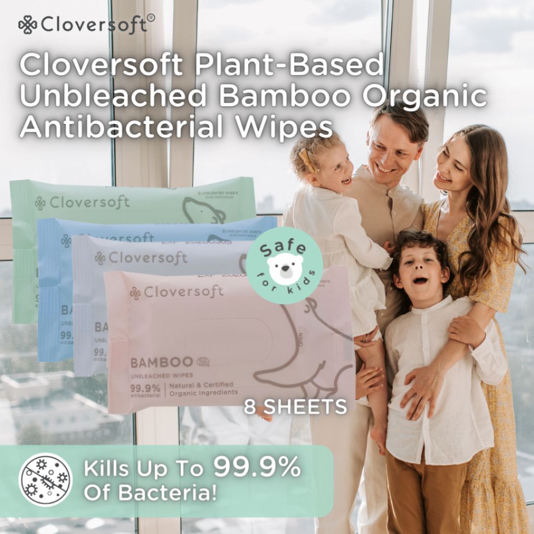 CLOVERSOFT Plant-Based Unbleached Bamboo 99.9% Antibacterial Organic Wet Wipes 8 Sheets