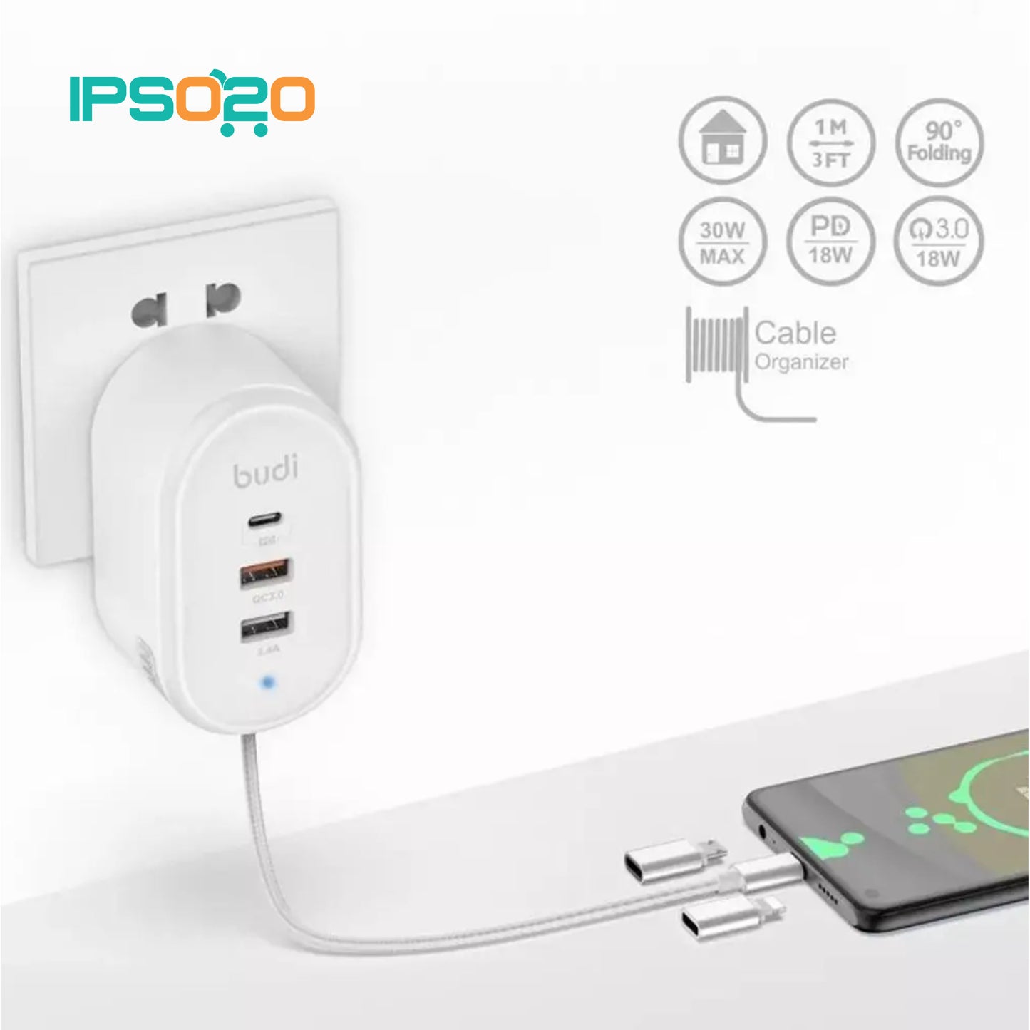 BUDI Home Charger with USB-C Cable Lightning & Micro Adapter