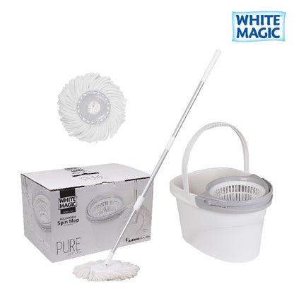 White Magic Pure Spin Mop Set (with 2 microfiber mop heads) / Handpress Mop / Made in Taiwan / Red Dot Design Award / Trolley Bundle (add-on available) / 1 Year Bucket Warranty